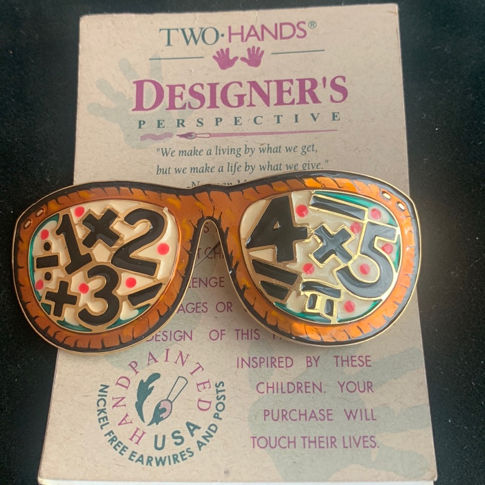Two Hands hand painted inspired by children mathematics glasses gold tone pin